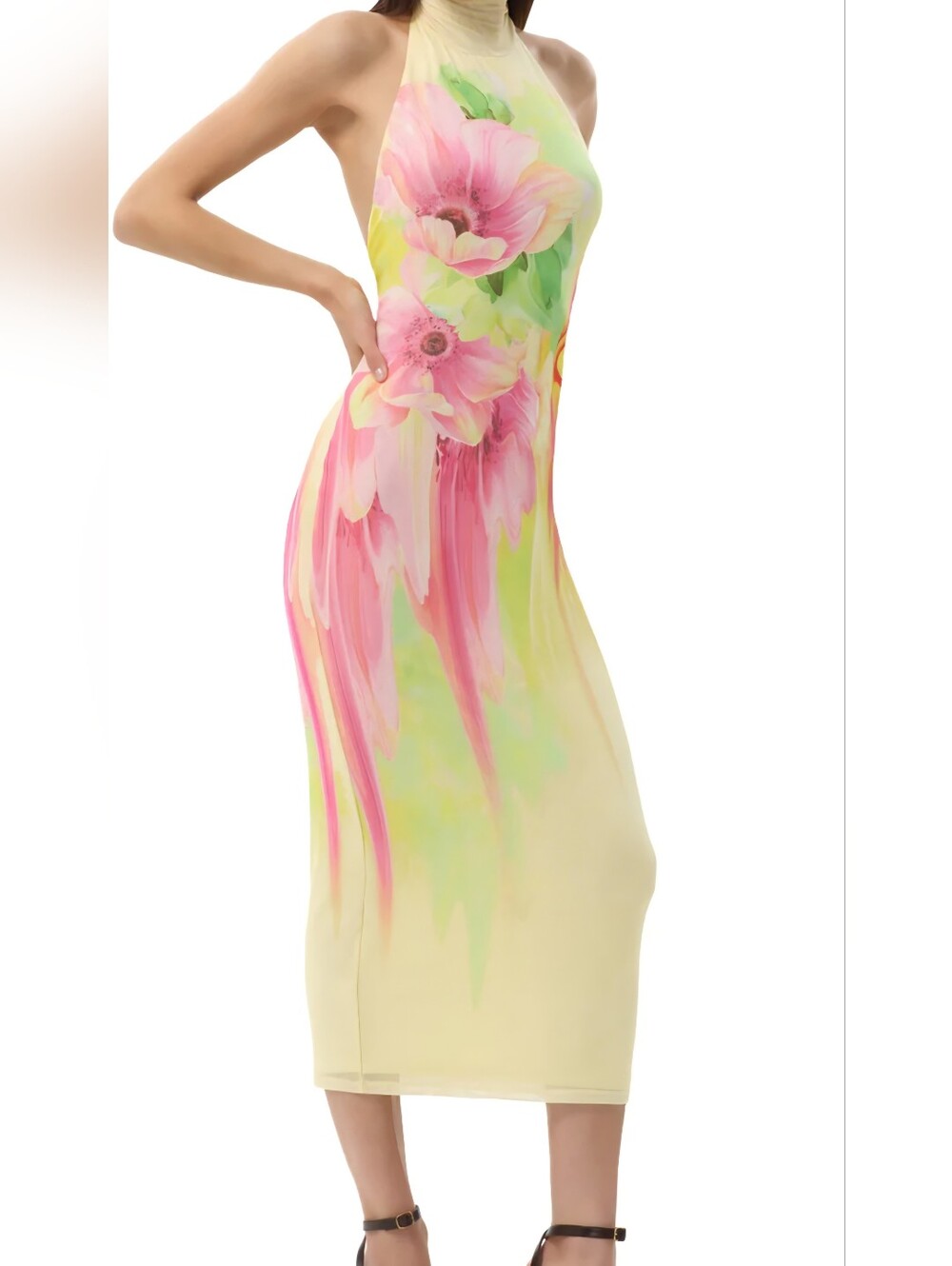 Floral Halter Midi Dress in Pastel Yellow and Pink